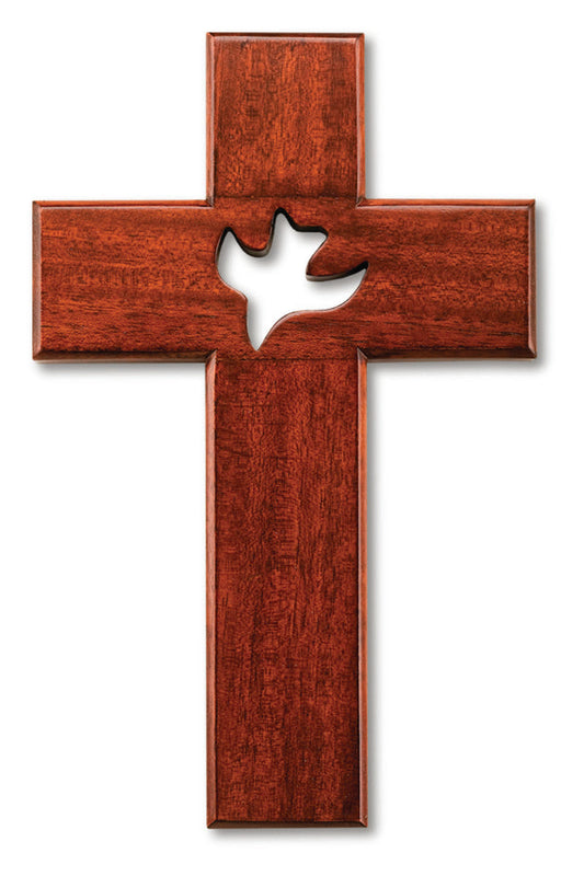 Large Solid Mahogany With Cut Out Dove 10 Inch Cross Decor
