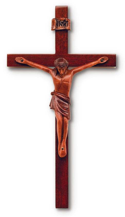 Medium Solid Mahogany Block Style Crucifix 8 Inches Decor