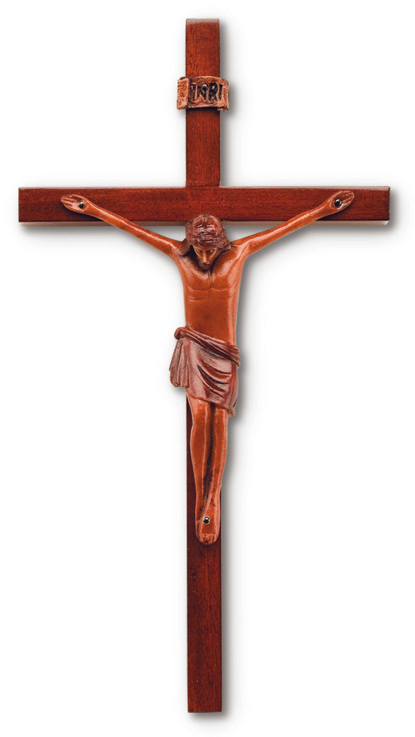 Large Solid Mahogany Block Style Crucifix 10 Inch Decor