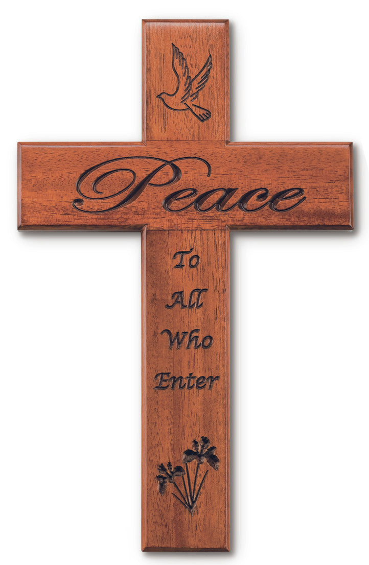 Large Solid Mahogany Peace to All Who Enter Cross 12 Inch