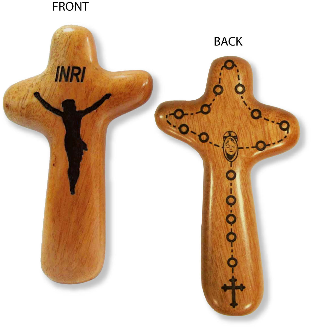 Small Solid Mahogany Hand Crucifix with Rosary On Back