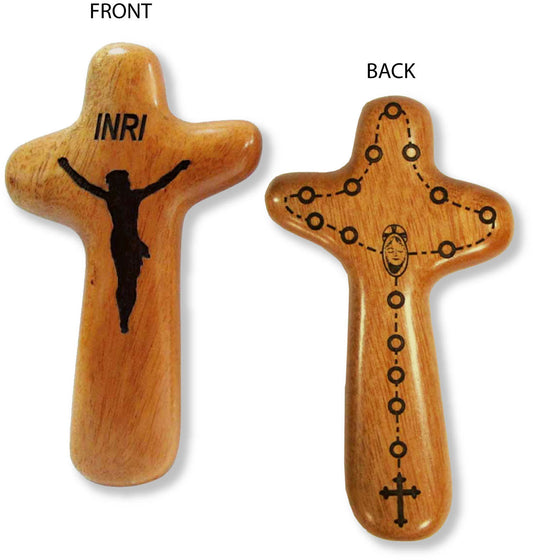 Small Solid Mahogany Hand Crucifix with Rosary On Back