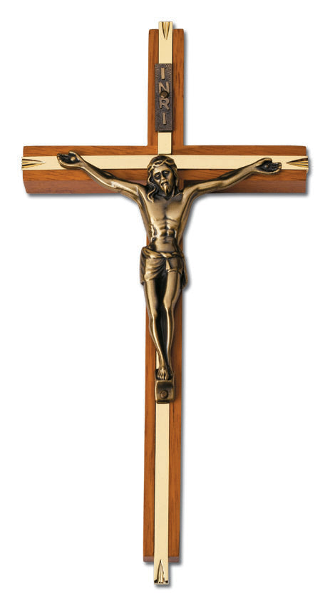 Medium Maple Stained Wall Crucifix with Gold Brass Inlay