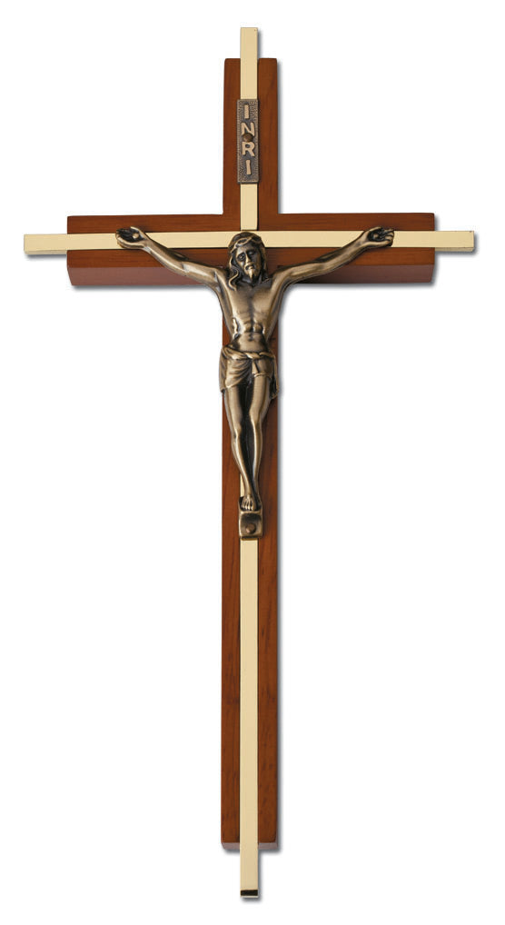 Large Maple Stained with Gold Plated Brass Inlay Crucifix