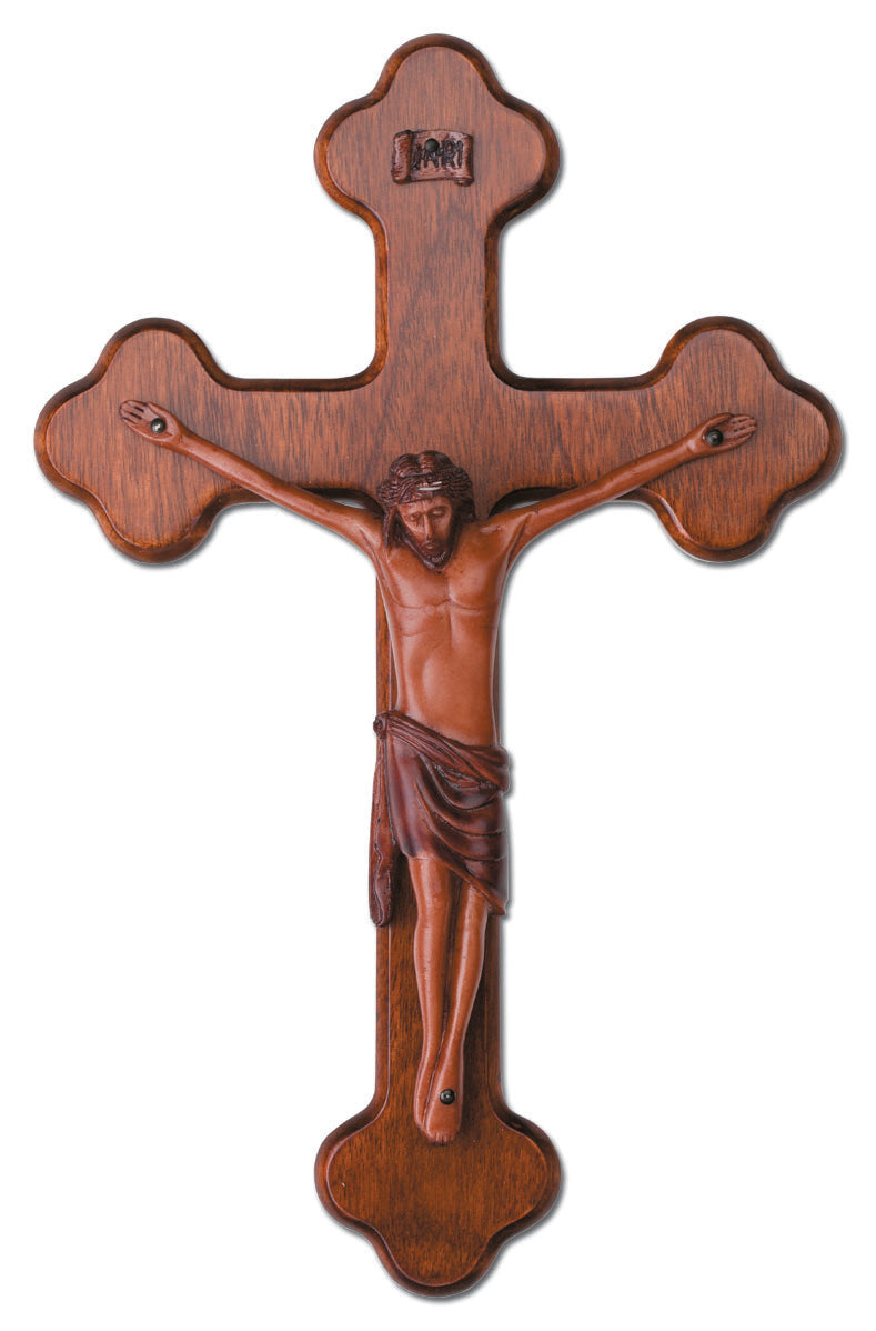 Large Solid Mahogany Budded Style Wall Crucifix 12 Inch