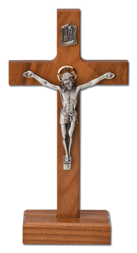 Medium Silver Corpus Standing Crucifix - 8 Inch Walnut Design