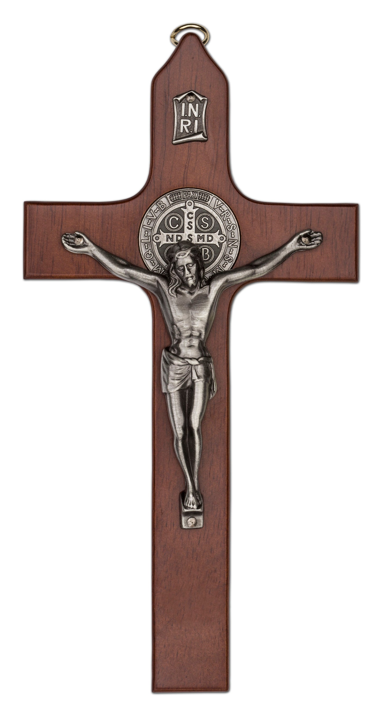 Medium St. Benedict Walnut Stained Wall Crucifix 8 Inch