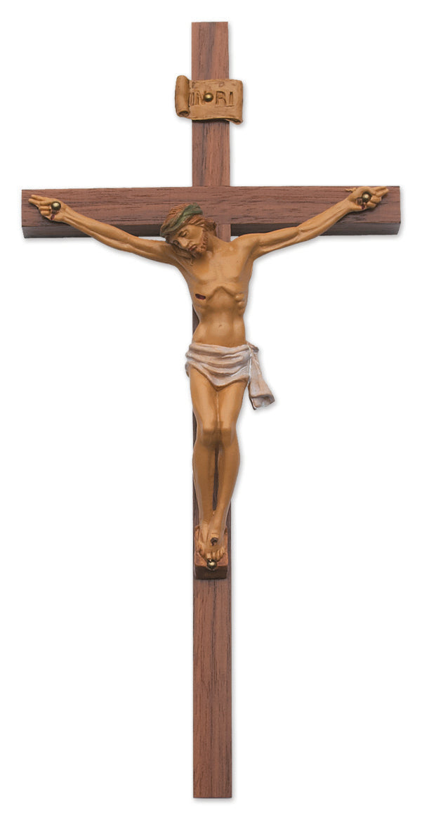 Large Walnut Wood Wall Crucifix with Italian Corpus 12 Inch