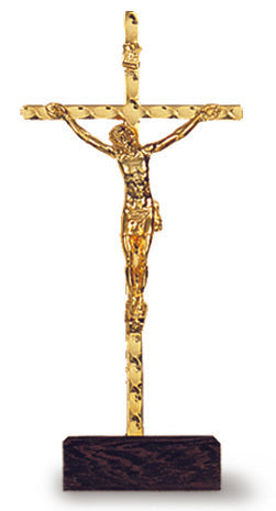 Small Gold Plated Standing Crucifix with Wood Base 4.5 Inch
