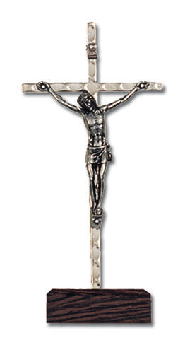 Small Silver Plated Standing Crucifix with Wood Base 4.5 Inch