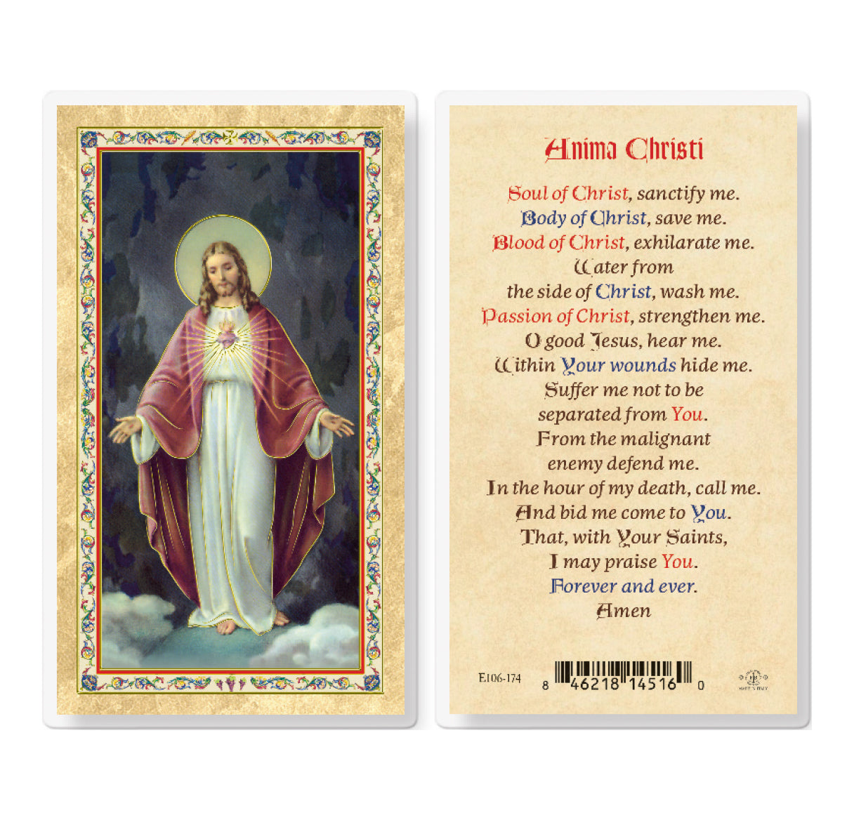 Anima Christi-Sacred Heart of Jesus Gold-Stamped Laminated Catholic Prayer Holy Card with Prayer on Back, Pack of 25