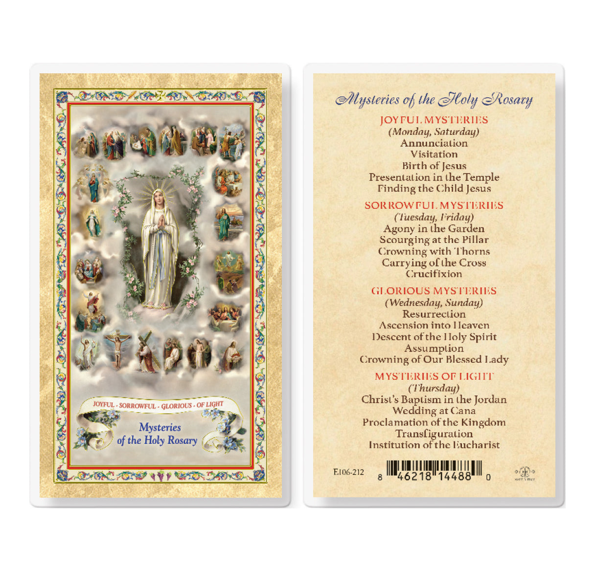 Mysteries of the Rosary Gold-Stamped Laminated Catholic Prayer Holy Card with Prayer on Back, Pack of 25