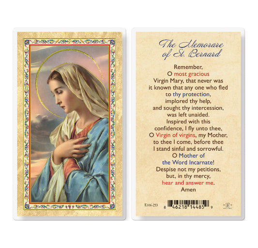 Our Lady of Grace Memorare St. Bernard Gold-Stamped Laminated Catholic Prayer Holy Card with Prayer on Back, Pack of 25