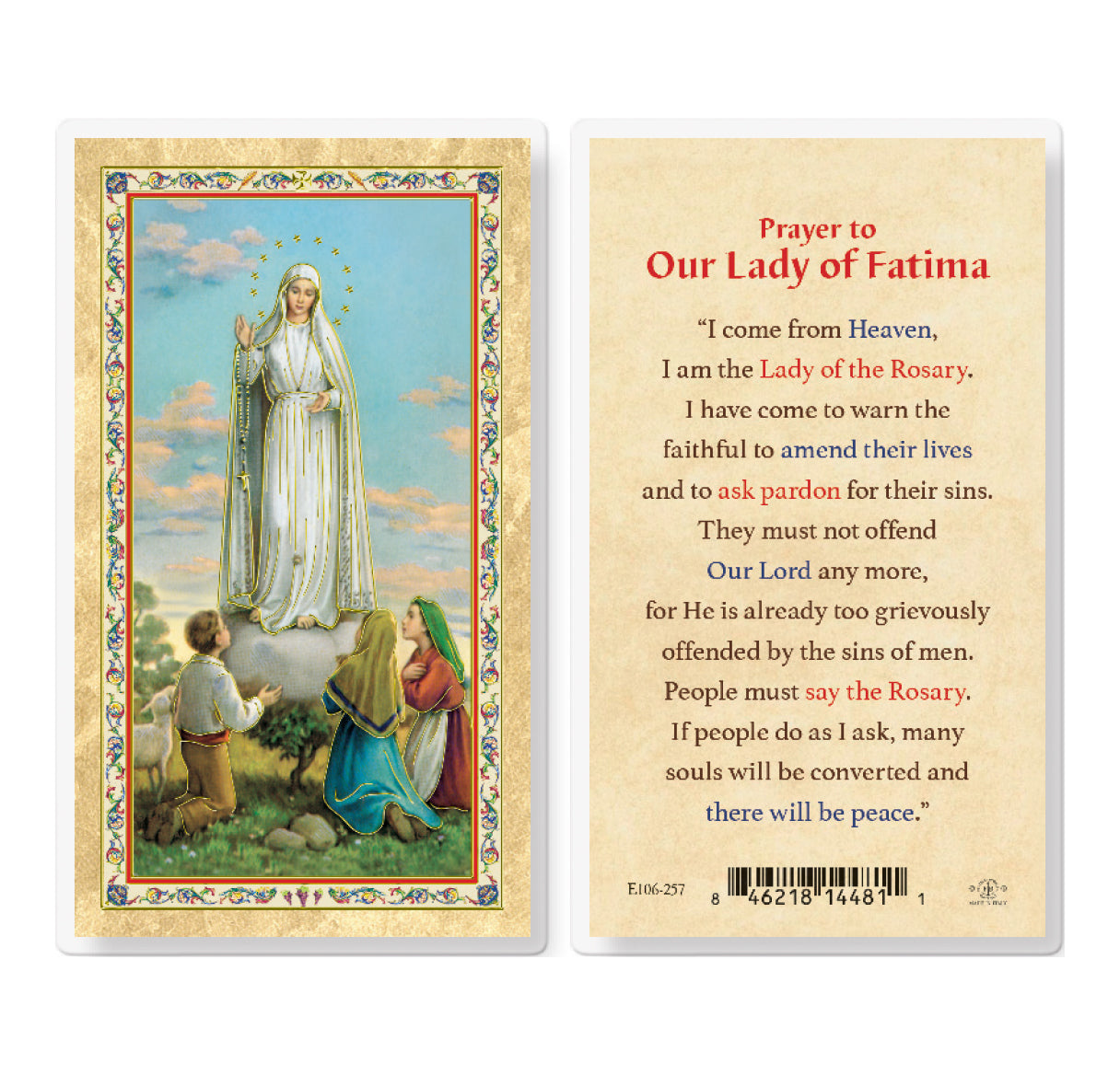 Prayer to Our Lady of Fatima Gold-Stamped Laminated Catholic Prayer Holy Card with Prayer on Back, Pack of 25