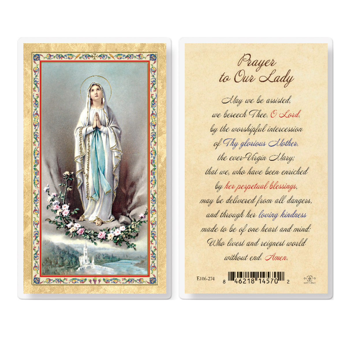 Prayer to Our Lady of Lourdes Gold-Stamped Laminated Catholic Prayer Holy Card with Prayer on Back, Pack of 25
