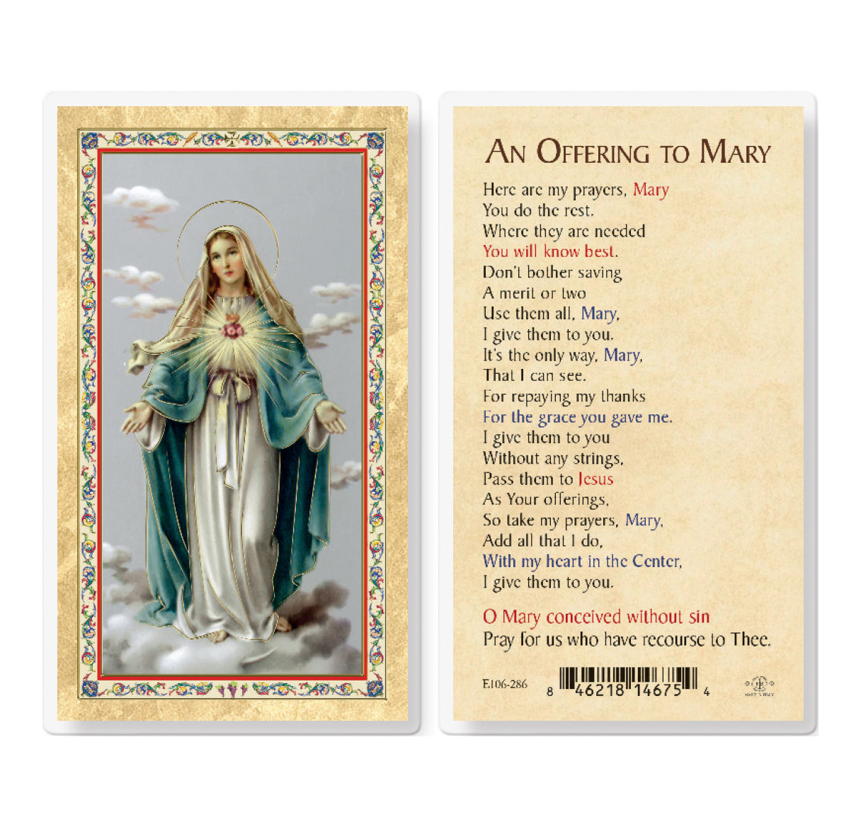 An Offering to Mary - IHM Gold-Stamped Laminated Catholic Prayer Holy Card with Prayer on Back, Pack of 25