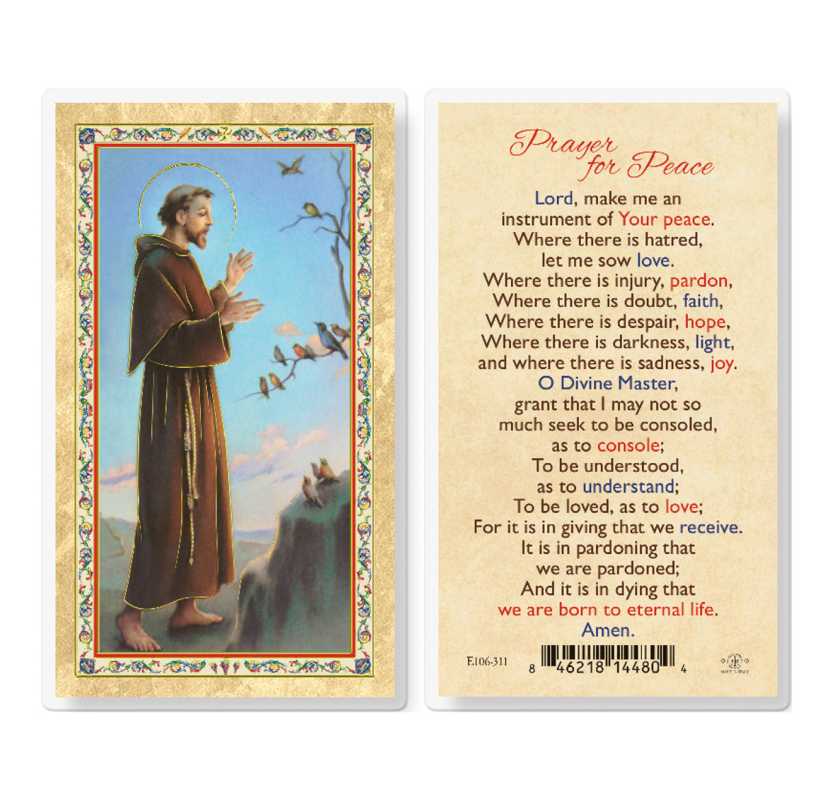 St. Francis Prayer for Peace Gold-Stamped Laminated Catholic Prayer Holy Card with Prayer on Back, Pack of 25