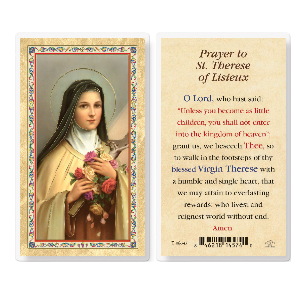 St. Theresa Gold-Stamped Laminated Catholic Prayer Holy Card with Prayer on Back, Pack of 25