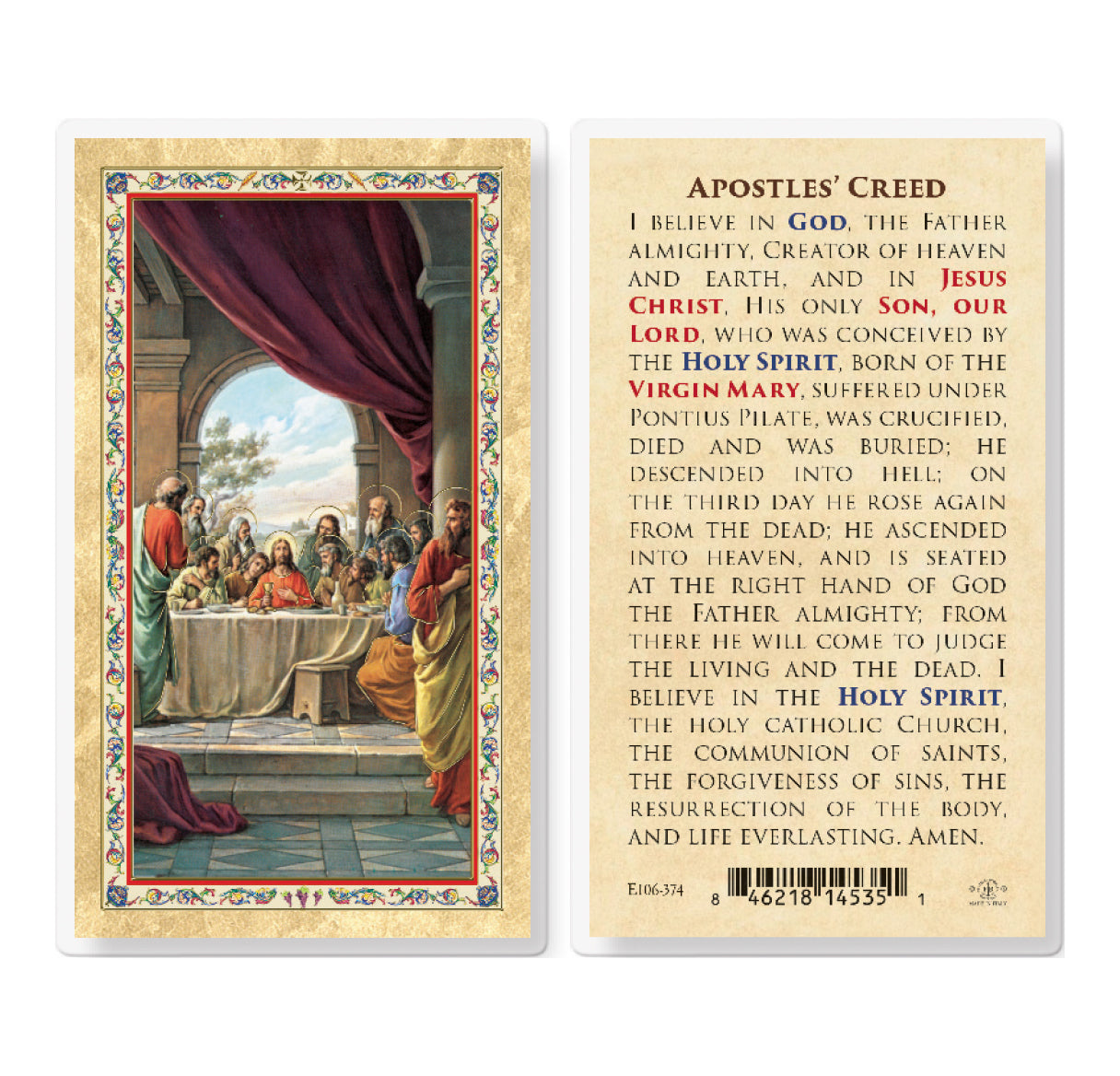 Apostle's Creed - Last Supper Gold-Stamped Laminated Catholic Prayer Holy Card with Prayer on Back, Pack of 25