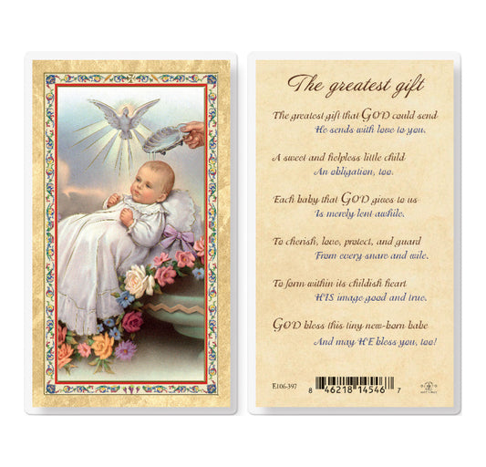 Baby's Baptismal Gold-Stamped Laminated Catholic Prayer Holy Card with Prayer on Back, Pack of 25
