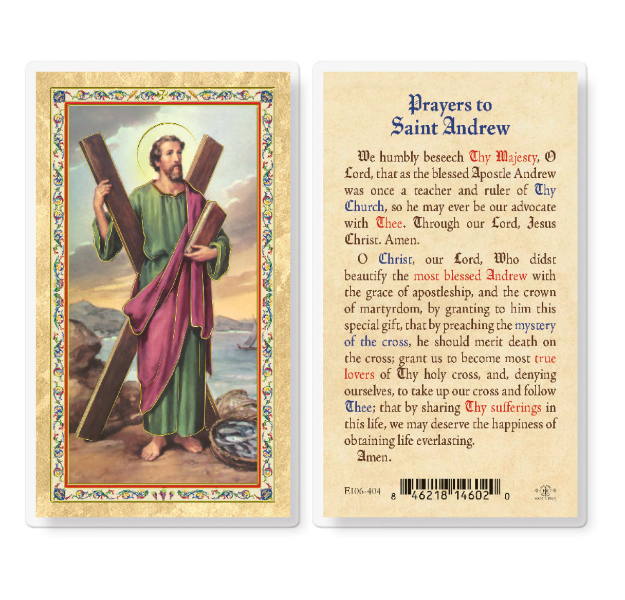 St. Andrew Gold-Stamped Laminated Catholic Prayer Holy Card with Prayer on Back, Pack of 25
