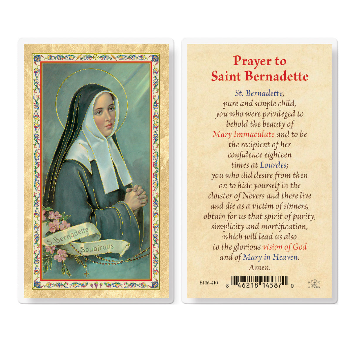 Prayer to St. Bernadette Gold-Stamped Laminated Holy Card Pack of 25
