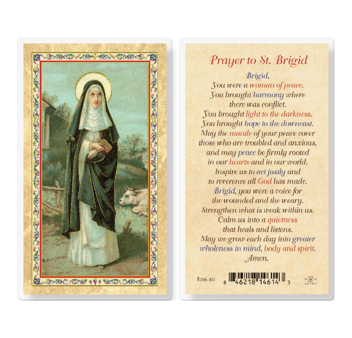 St. Brigid Laminated w/ Prayer Gold-Stamped Laminated Catholic Prayer Holy Card with Prayer on Back, Pack of 25