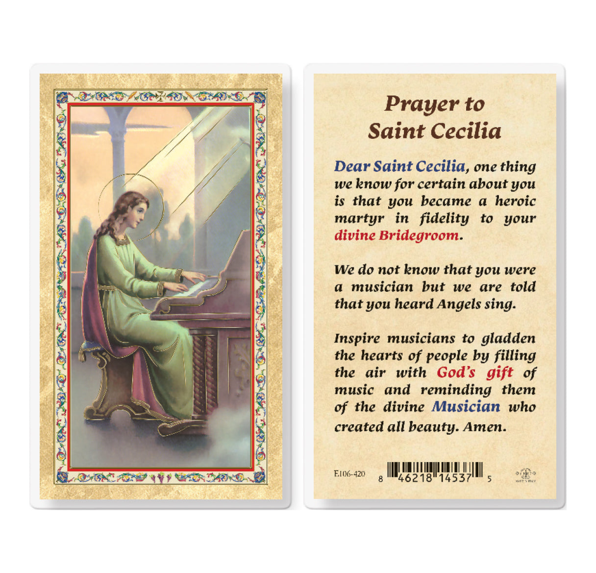 Prayer to St. Cecelia Gold-Stamped Laminated Catholic Prayer Holy Card with Prayer on Back, Pack of 25