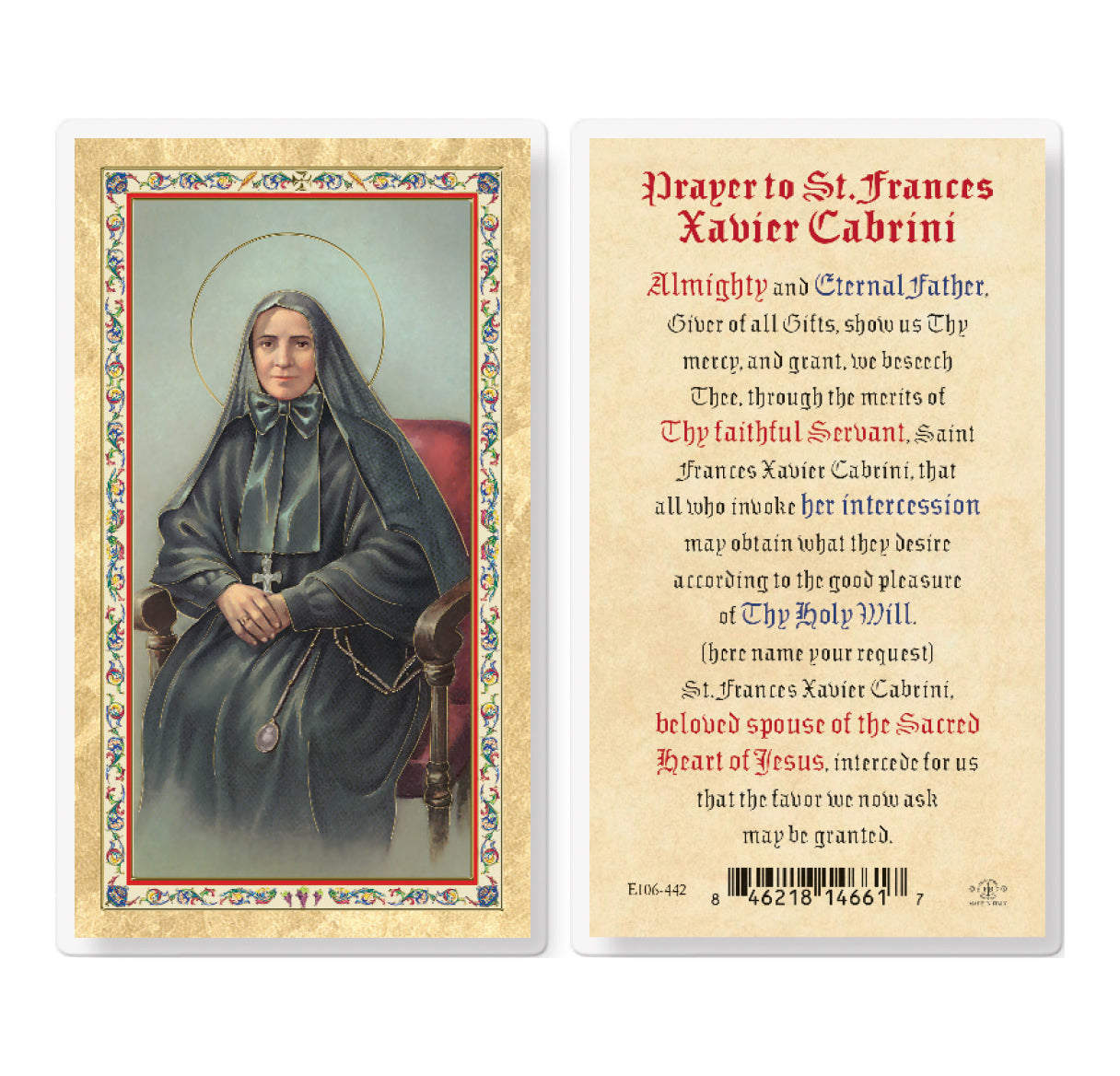 Prayer to St. Frances Cabrini Gold-Stamped Laminated Holy Card Pack of 25