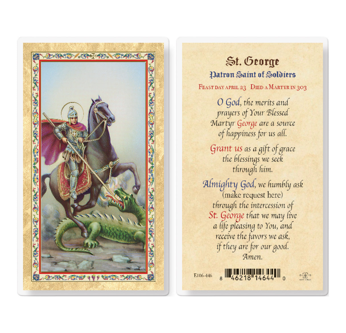 Prayer to St. George Gold-Stamped Laminated Catholic Prayer Holy Card with Prayer on Back, Pack of 25