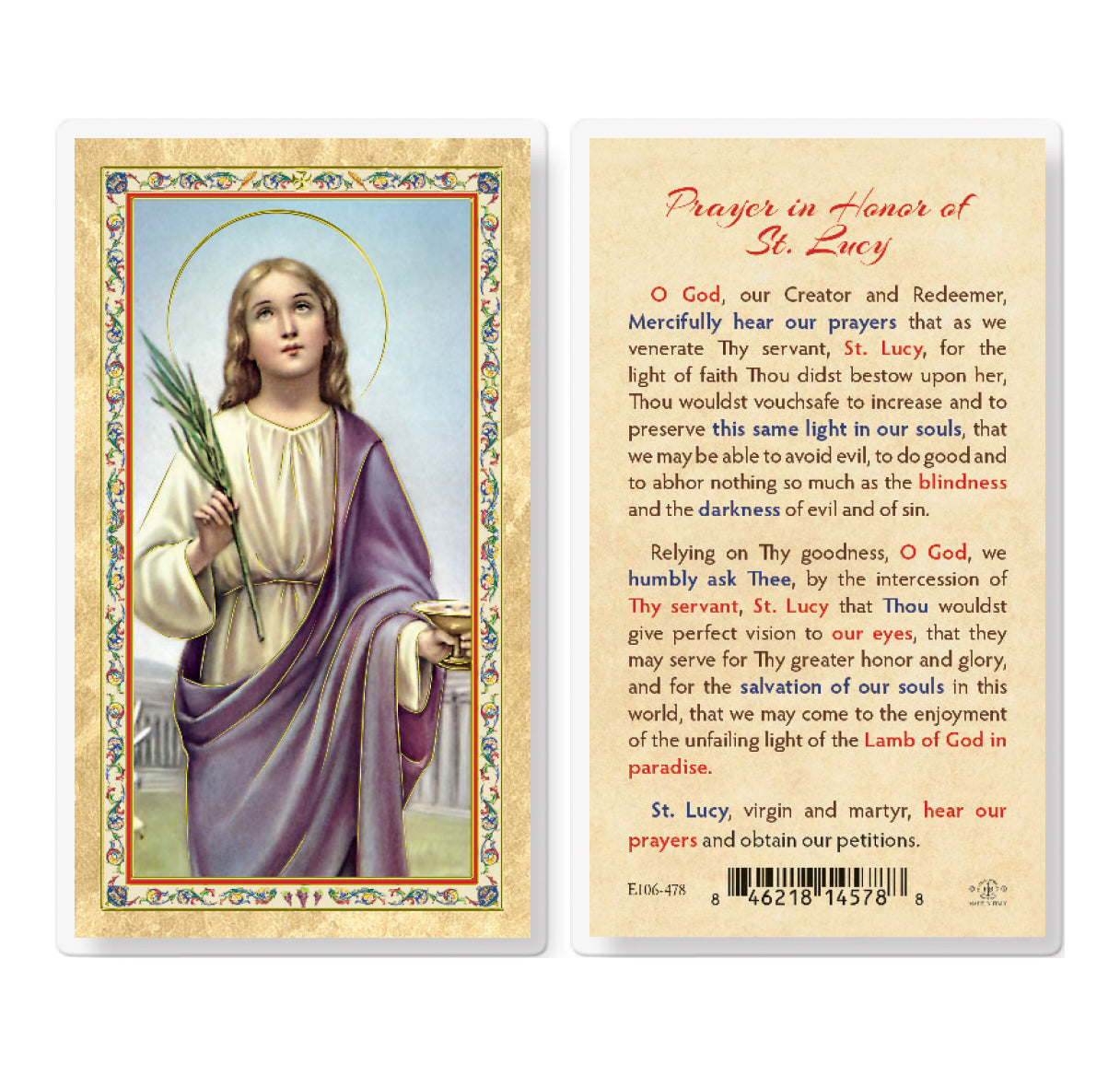 Prayer in Honor of St. Lucy Gold-Stamped Laminated Catholic Prayer Holy Card with Prayer on Back, Pack of 25