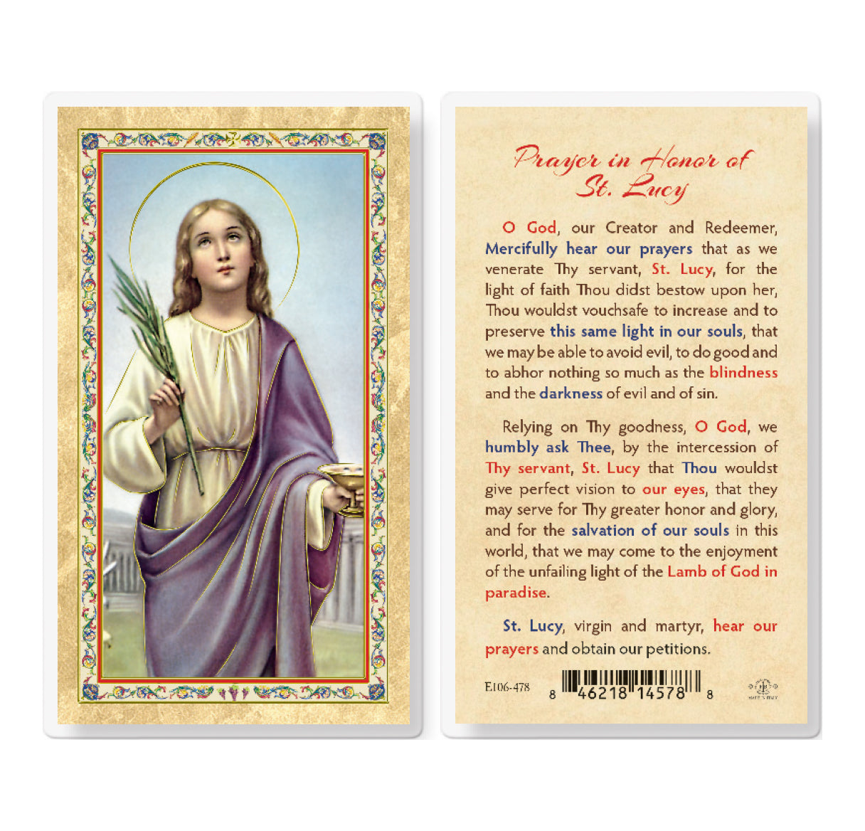Prayer in Honor of St. Lucy Gold-Stamped Holy Card Pack of 25