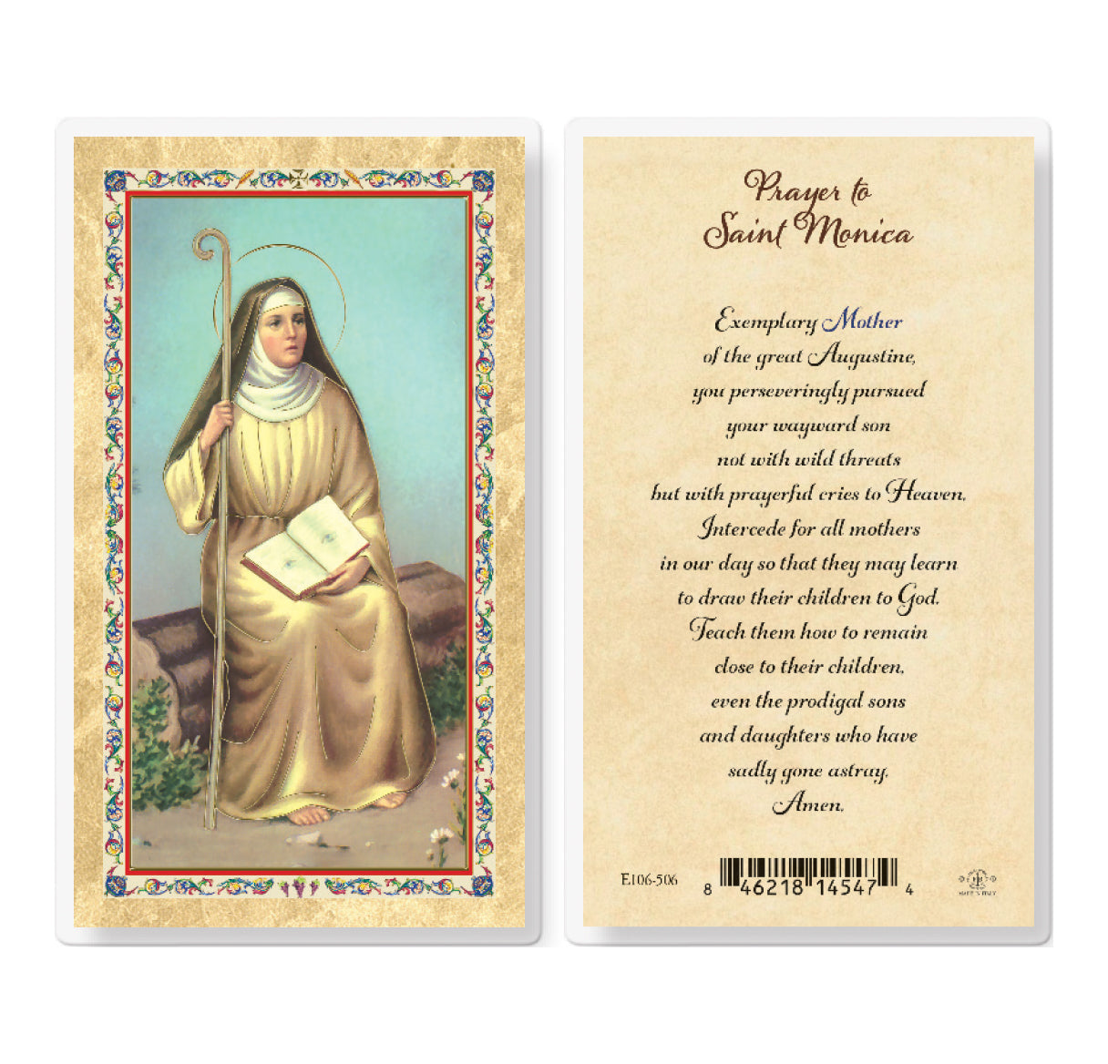 St. Monica Prayer - Biography Gold-Stamped Laminated Catholic Prayer Holy Card with Prayer on Back, Pack of 25