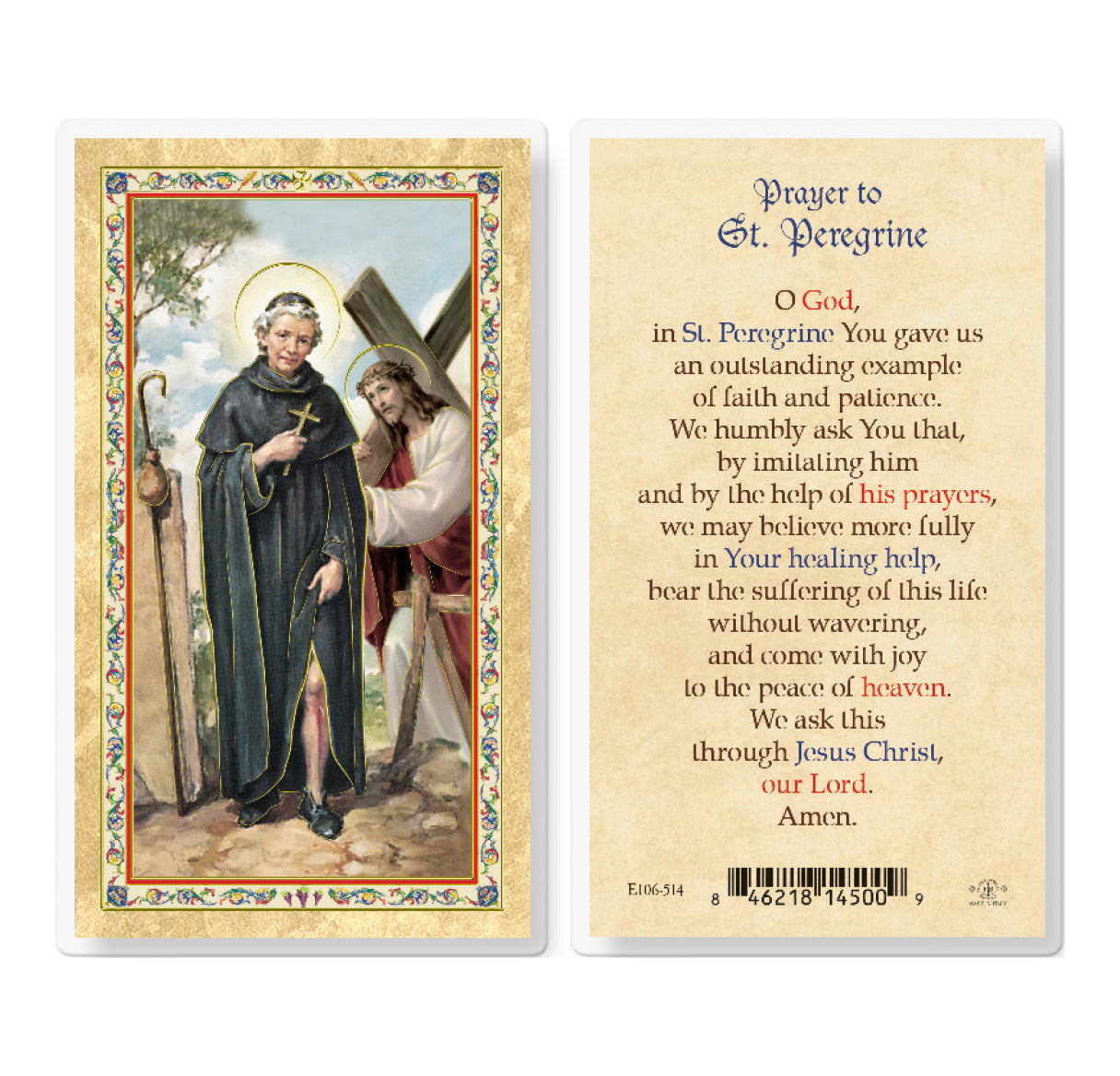 Prayer to St. Peregrine Gold-Stamped Laminated Catholic Prayer Holy Card with Prayer on Back, Pack of 25