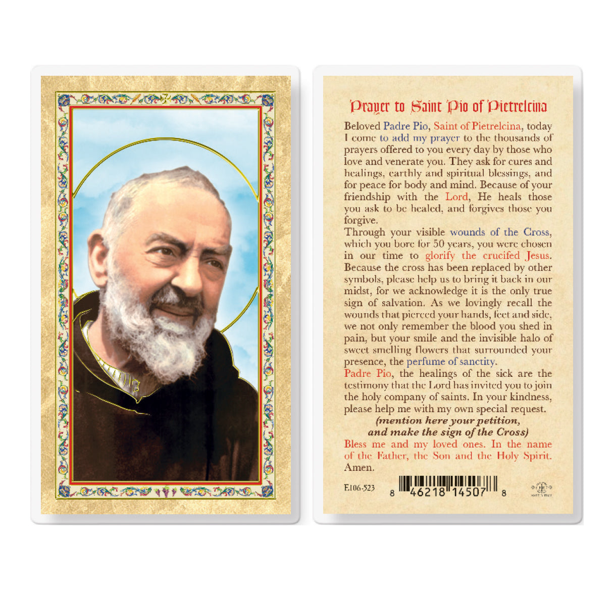 Prayer to St. Pio of Pietrelcina Gold-Stamped Laminated Catholic Prayer Holy Card with Prayer on Back, Pack of 25