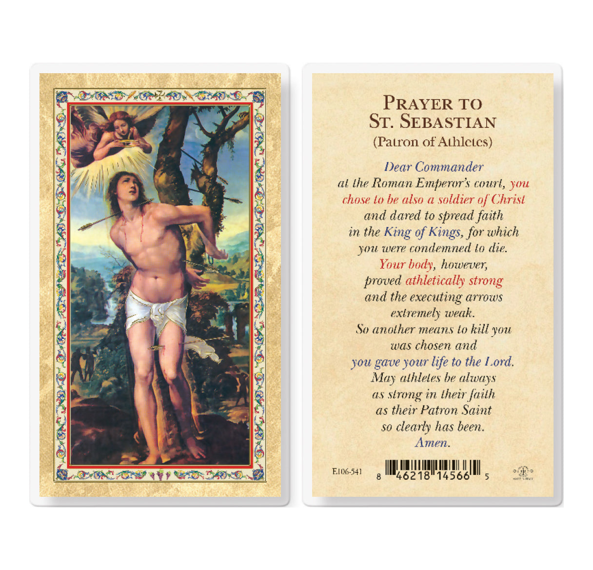 Prayer to St. Sebastian Gold-Stamped Laminated Catholic Prayer Holy Card with Prayer on Back, Pack of 25