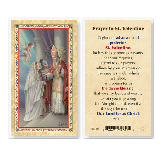 St. Valentine Day Gold-Stamped Laminated Catholic Prayer Holy Card with Prayer on Back, Pack of 25
