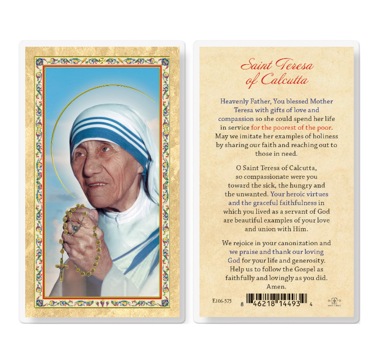 Saint Teresa of Calcutta - With Prayer Gold-Stamped Laminated Catholic Prayer Holy Card with Prayer on Back, Pack of 25