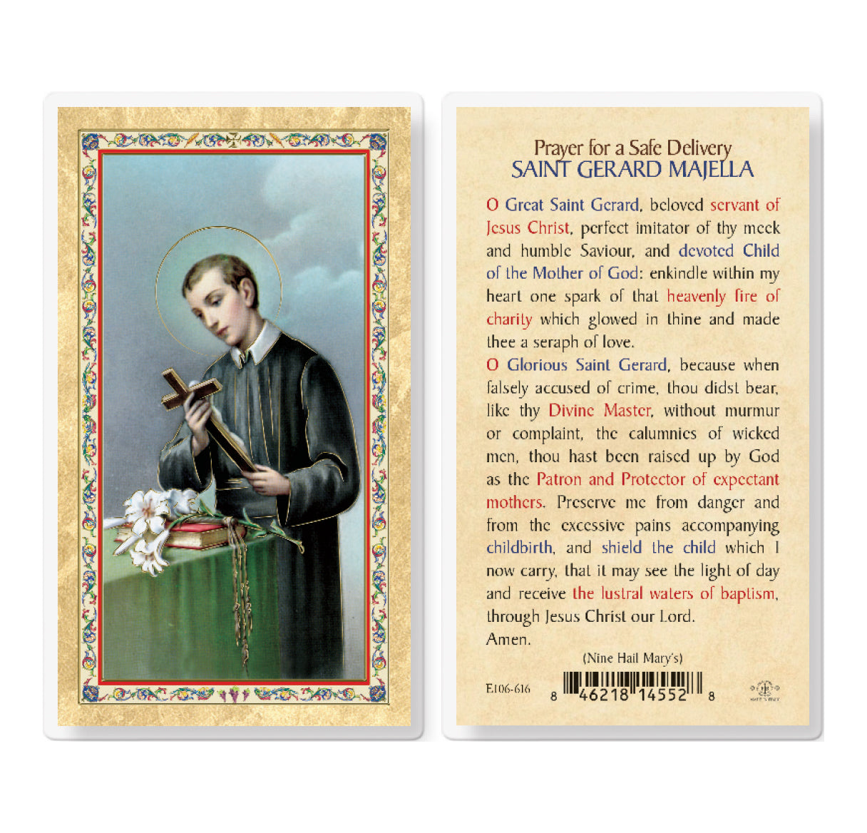 St. Gerard - Prayer for Safe Delivery Gold-Stamped Laminated Catholic Prayer Holy Card with Prayer on Back, Pack of 25