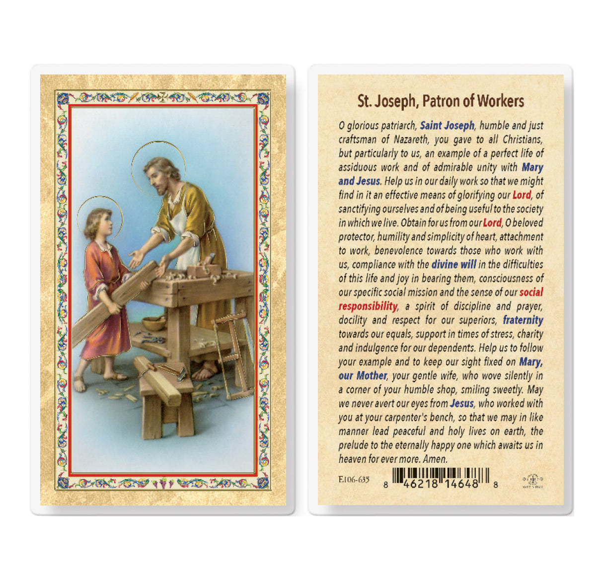 Daily Prayer to St. Joseph the Worker Gold-Stamped Laminated Catholic Prayer Holy Card with Prayer on Back, Pack of 25