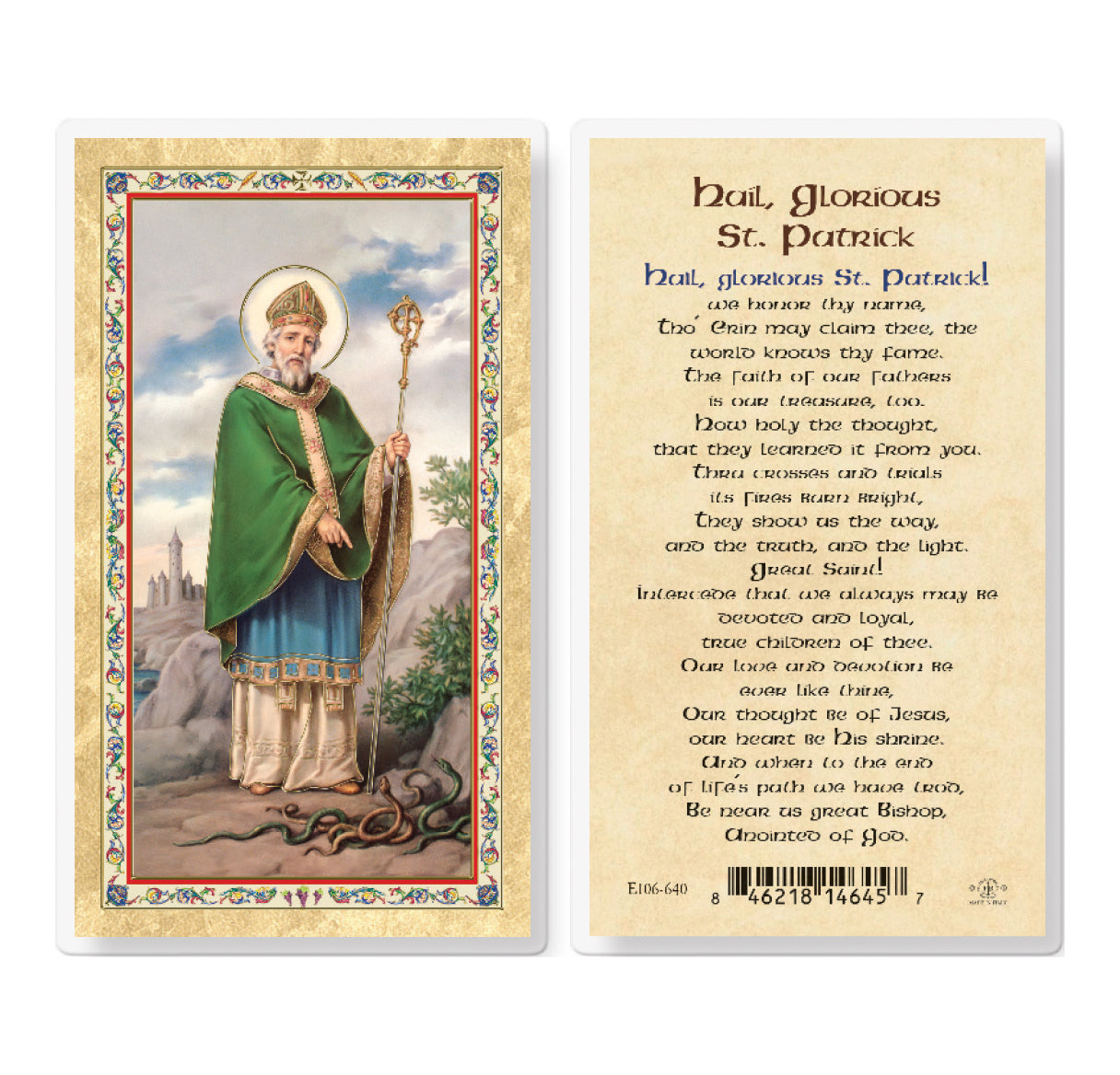 St. Patrick - Hail Glorious Saint Gold-Stamped Laminated Catholic Prayer Holy Card with Prayer on Back, Pack of 25