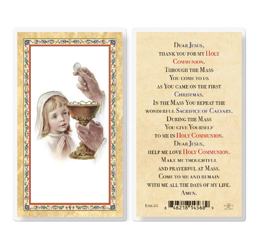Communion Girl Gold-Stamped Laminated Holy Card Pack of 25