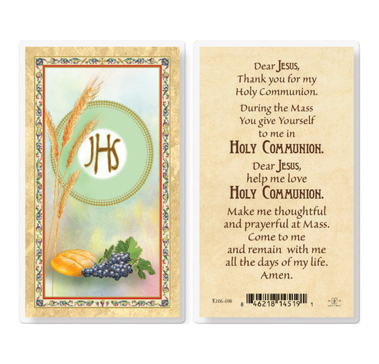 First Holy Communion Gold-Stamped Laminated Catholic Prayer Holy Card with Prayer on Back, Pack of 25