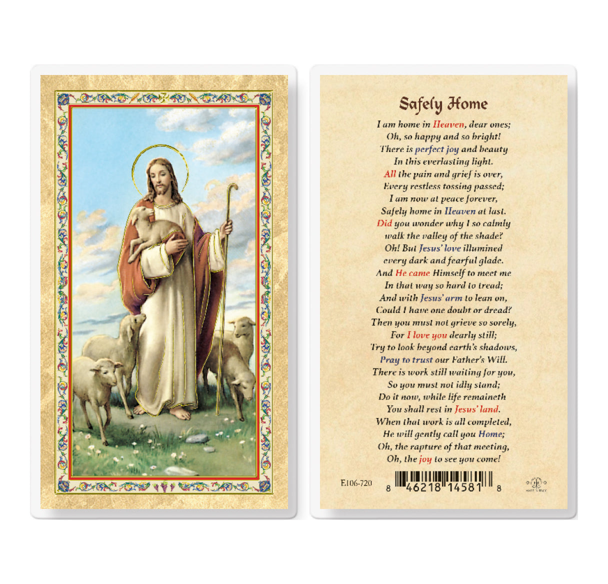 Safely Home - Good Shepherd Gold-Stamped Laminated Catholic Prayer Holy Card with Prayer on Back, Pack of 25