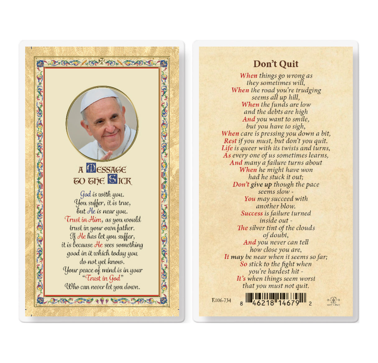 Message to the Sick - Don't Quit Gold-Stamped Laminated Catholic Prayer Holy Card with Prayer on Back, Pack of 25