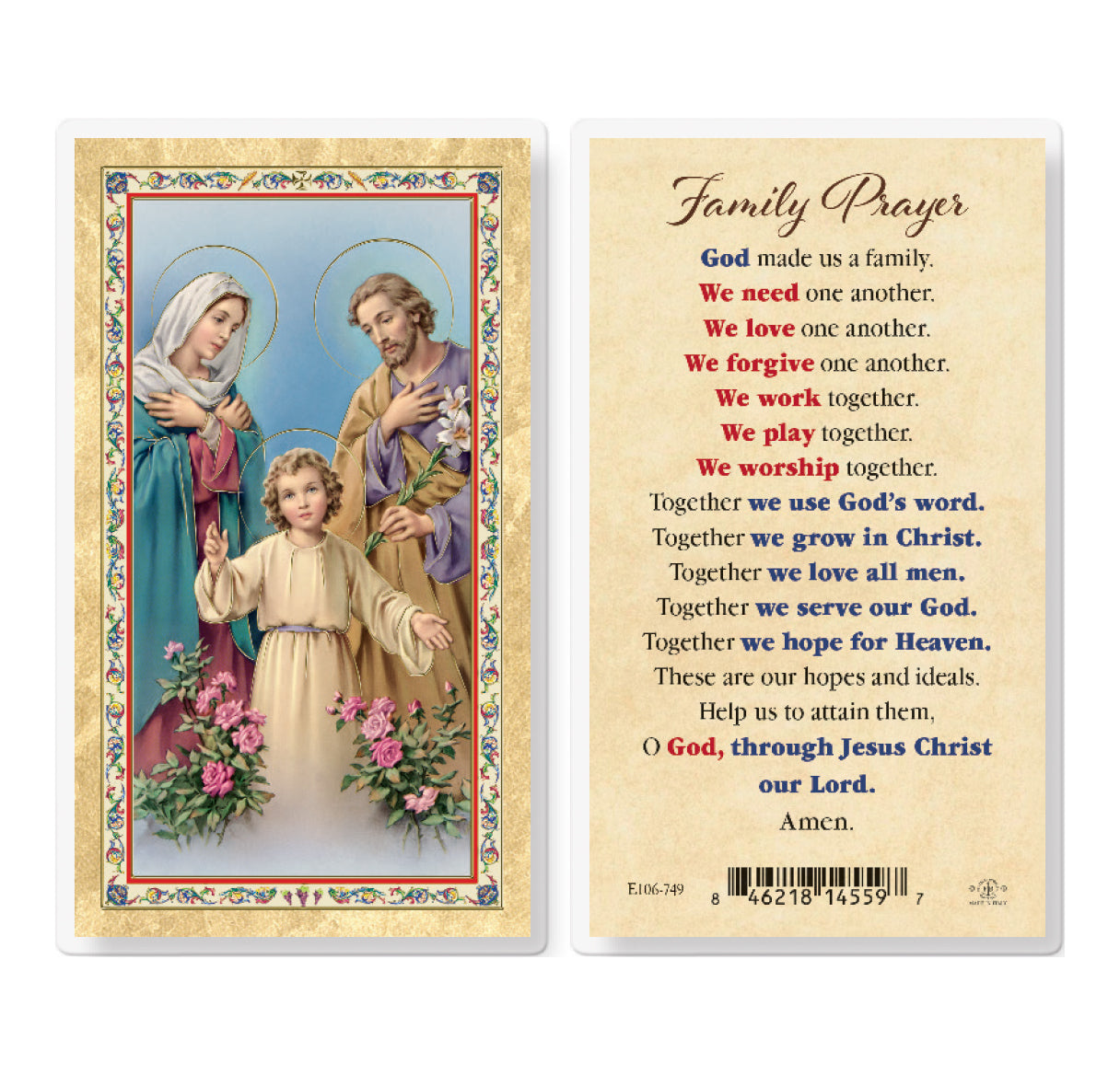 God Made us a Family Gold-Stamped Laminated Catholic Prayer Holy Card with Prayer on Back, Pack of 25