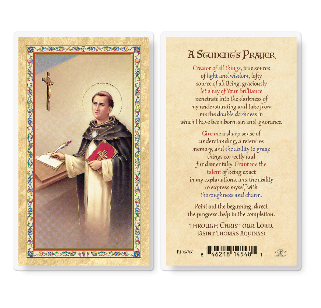 Student's Prayer - St. Thomas Gold-Stamped Laminated Catholic Prayer Holy Card with Prayer on Back, Pack of 25