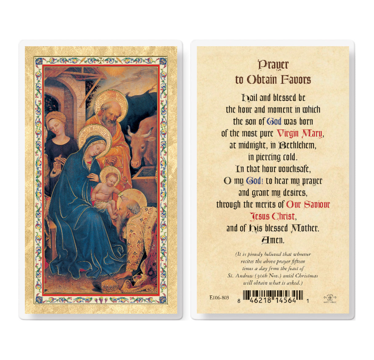 Prayer to Obtain Favors - Christmas Gold-Stamped Laminated Catholic Prayer Holy Card with Prayer on Back, Pack of 25