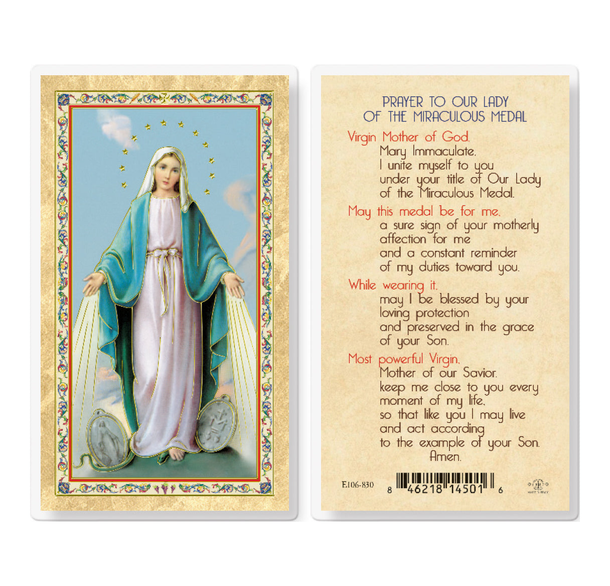 Our Lady of the Miraculous Medal Gold-Stamped Laminated Catholic Prayer Holy Card with Prayer on Back, Pack of 25