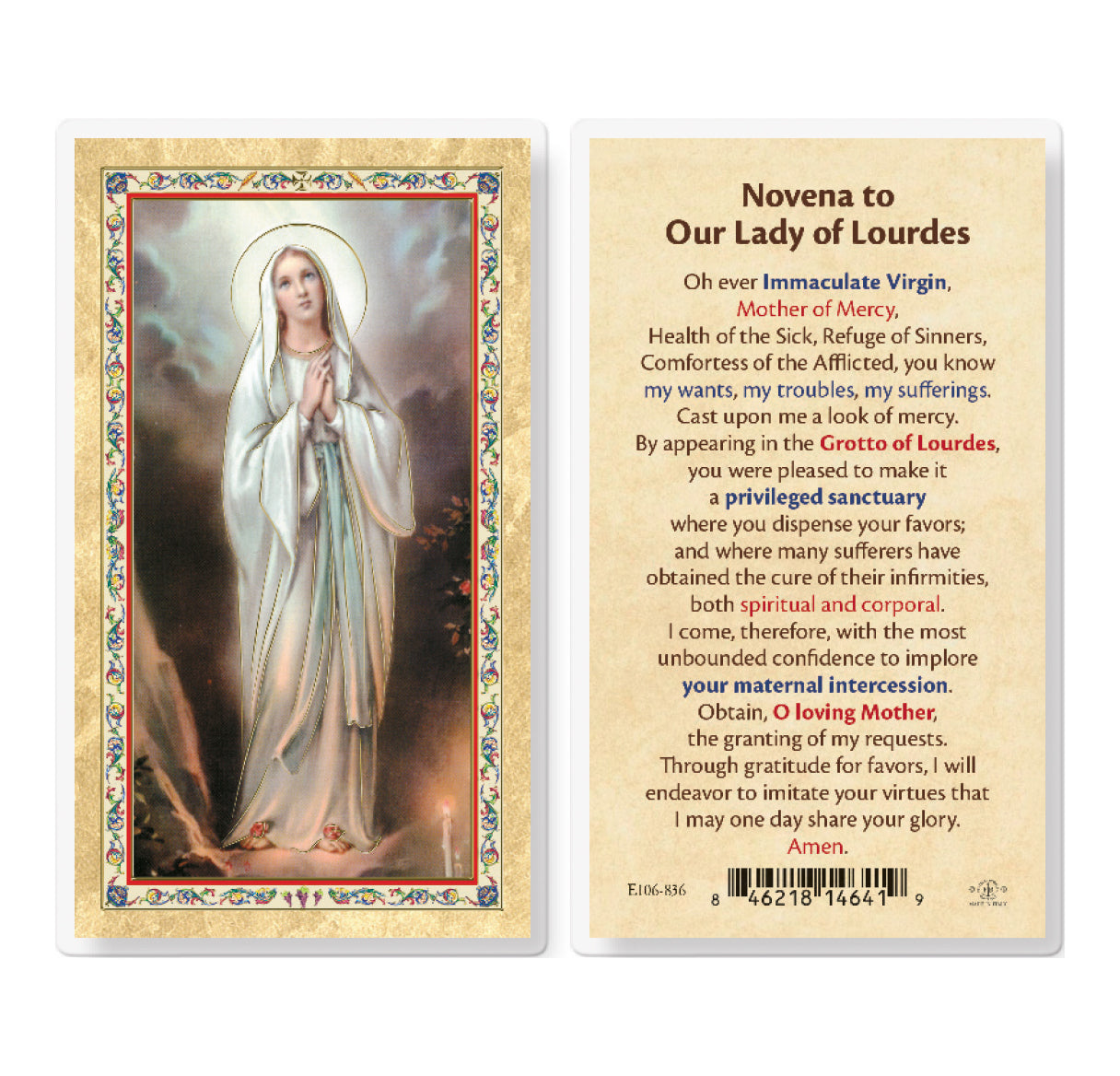 Novena to Our Lady of Lourdes Gold-Stamped Laminated Holy Card Pack of 25